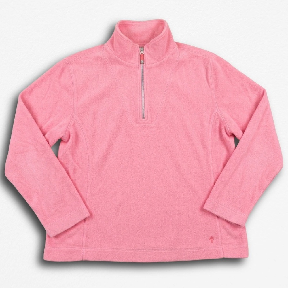 Tommy Bahama Womens XL Pink Fleece Quarter Zip Pullover Sweatshirt Palm Tree